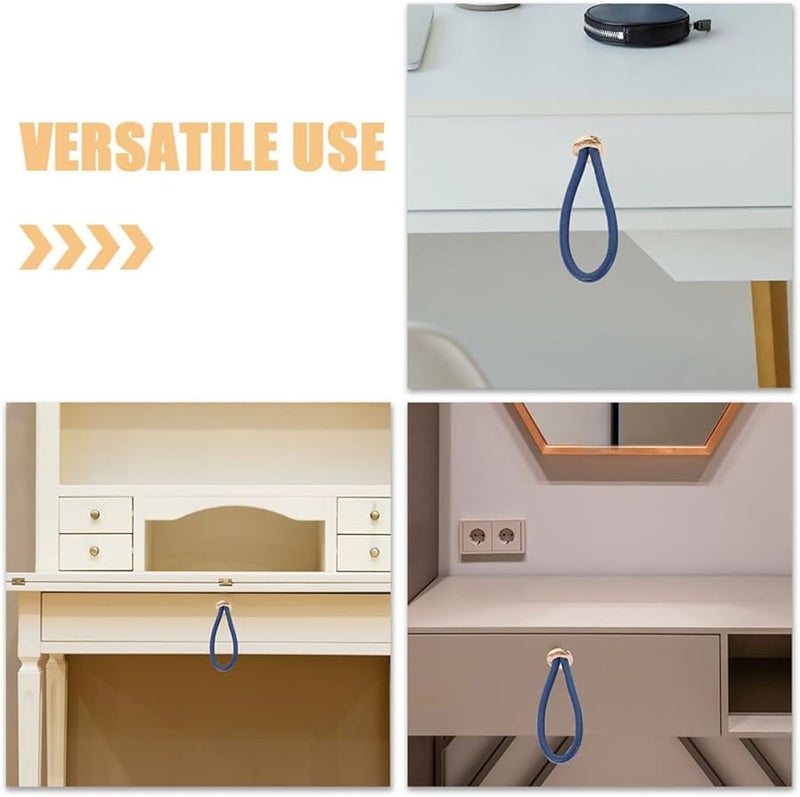 Navy Blue Leather Rope Pull Handles Gold Metal Ends For Cabinet Dresser Drawers - Image 3